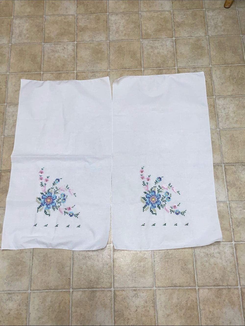 Vintage White Decor Pair with Blue and Pink Floral Embroidery